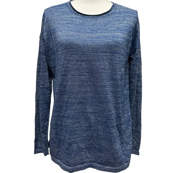 MNG MANGO Blue Sparkly Silver Metallic Thread Long Sleeve Womens Top Size L - Picture 1 of 12